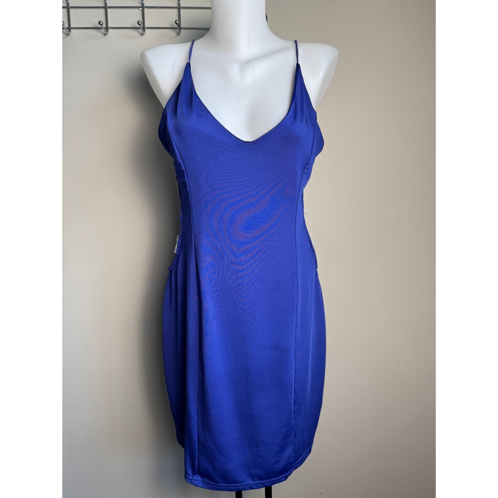 Streetwear Society Blue Cutout Glitter Strap Mini Dress Large Y2K Clubwear Party